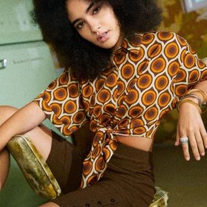 Cider Let’s Groove Retro Patterned Button Up Blouse